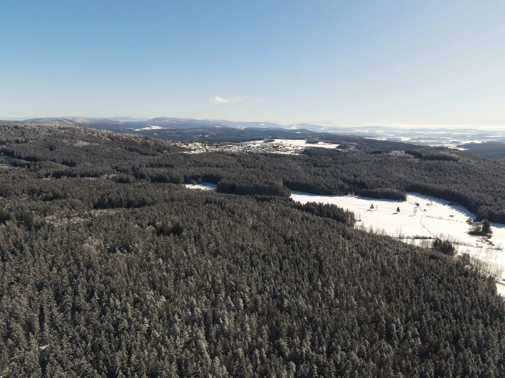 Vue aérienne de collines couvertes de forêt de conifères sous la neige